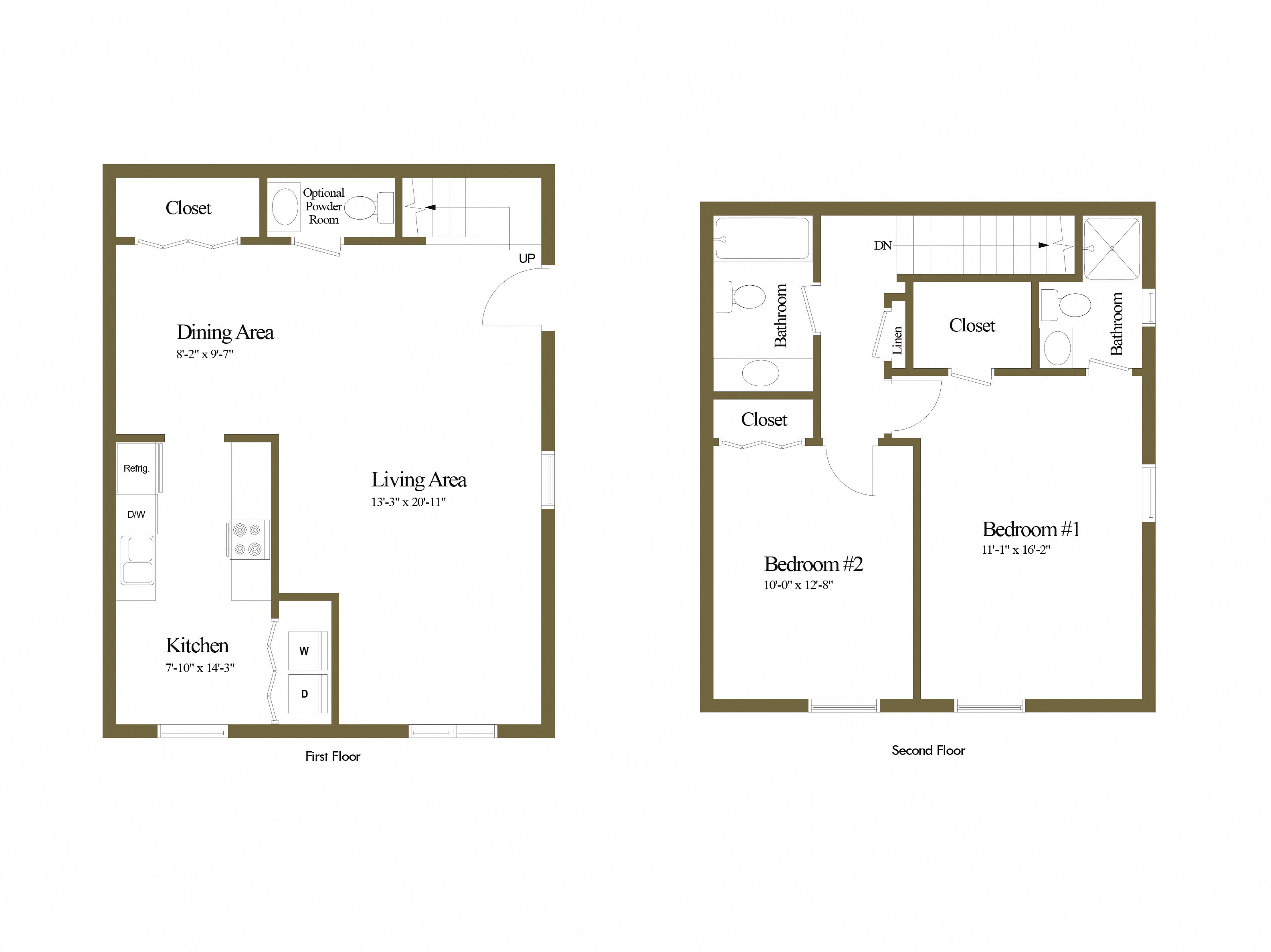 Floor plan for 2 beds, 2.5 baths, 1006 sqft
